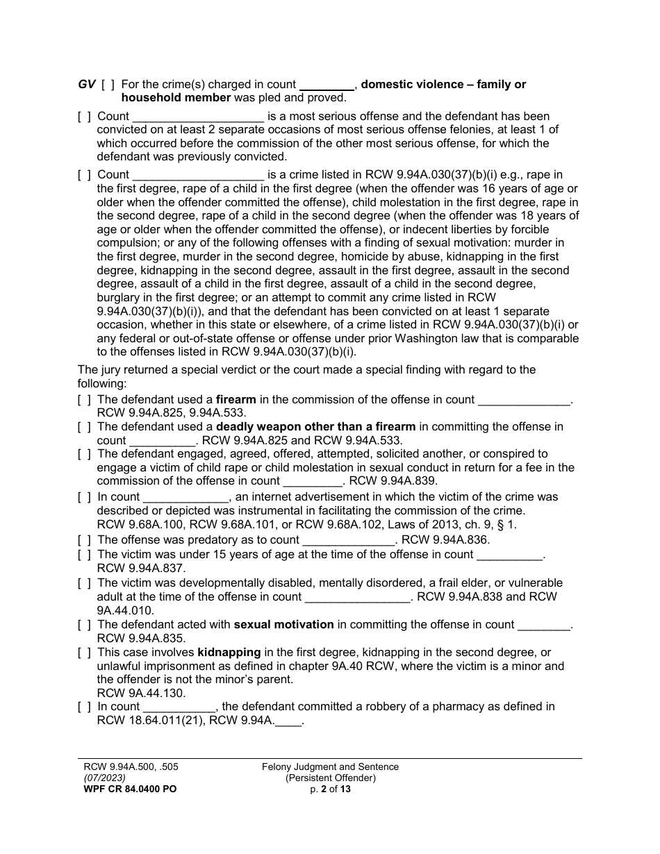 Form WPF CR84.0400 PO Felony Judgment and Sentence - Persistent Offender - Washington, Page 2
