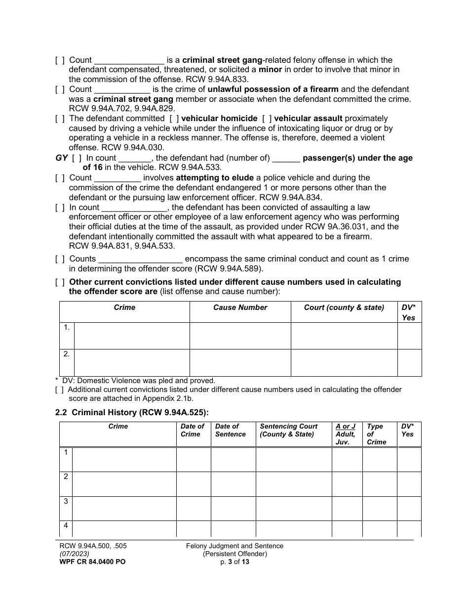 Form WPF CR84.0400 PO Felony Judgment and Sentence - Persistent Offender - Washington, Page 3