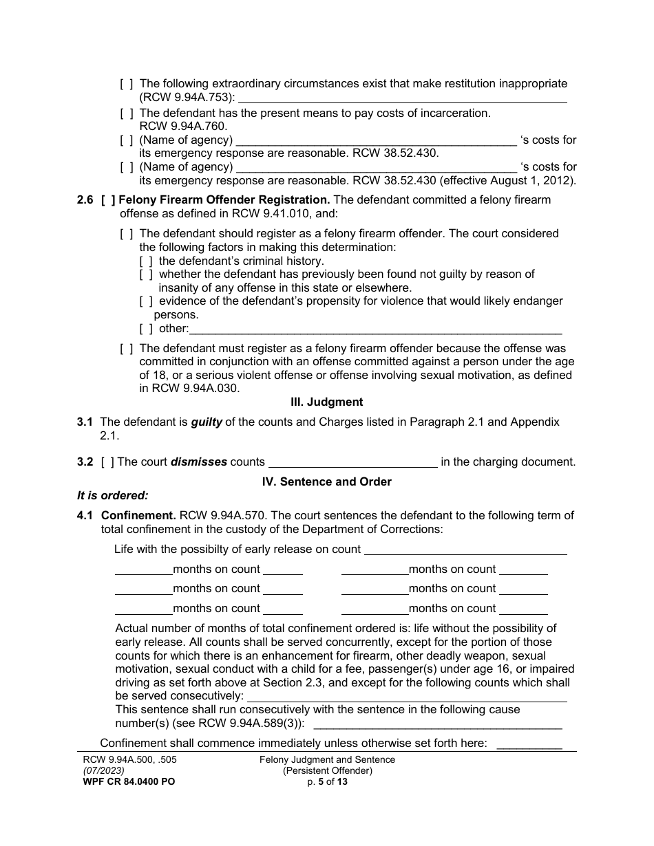 Form WPF CR84.0400 PO Felony Judgment and Sentence - Persistent Offender - Washington, Page 5