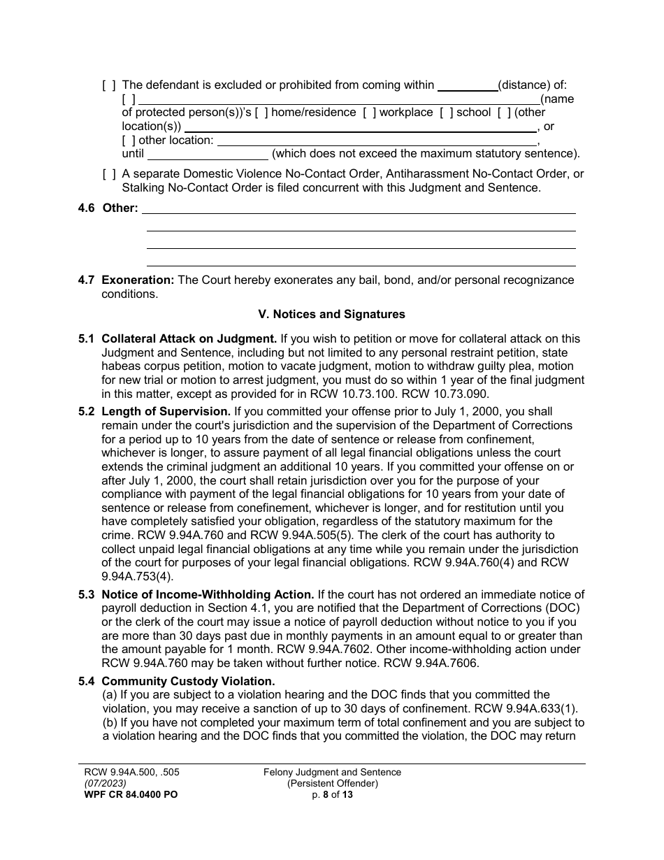 Form WPF CR84.0400 PO Felony Judgment and Sentence - Persistent Offender - Washington, Page 8