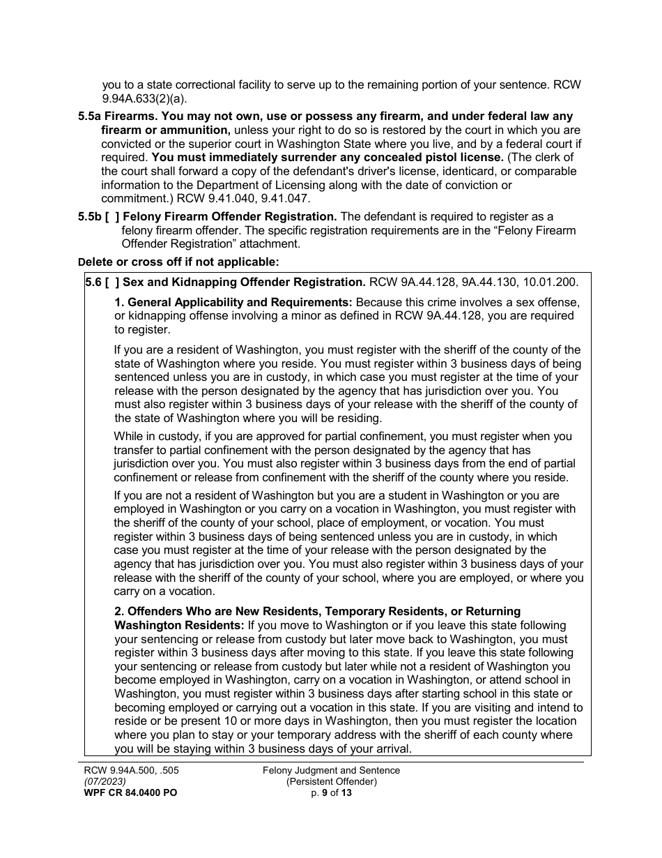 Form WPF CR84.0400 PO Felony Judgment and Sentence - Persistent Offender - Washington, Page 9