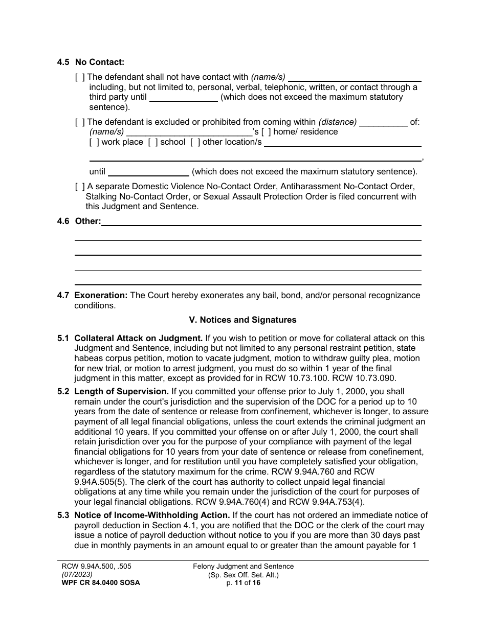 Form WPF CR84.0400 SOSA Felony Judgment and Sentence - Special Sex Offender Sentencing Alternative - Washington, Page 11