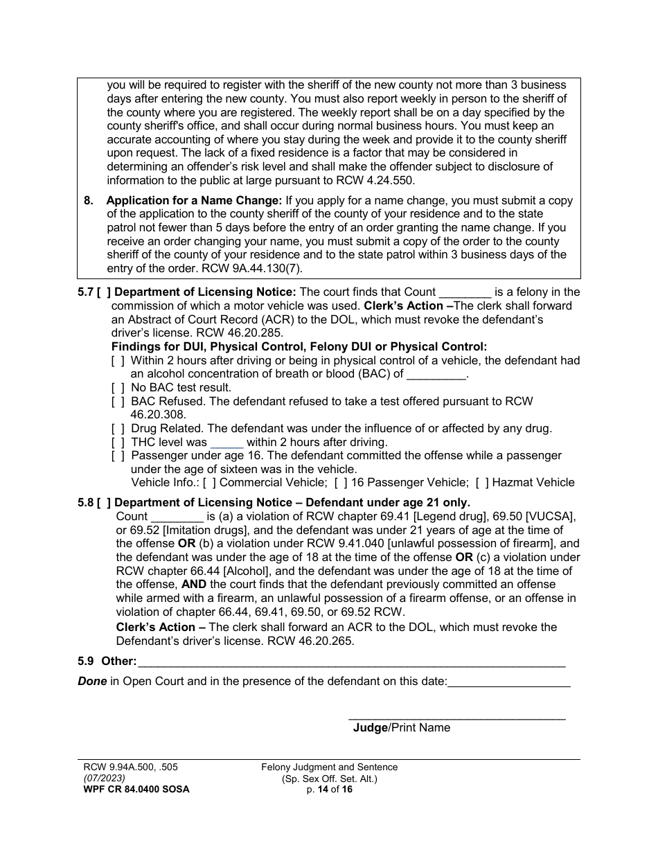 Form WPF CR84.0400 SOSA Felony Judgment and Sentence - Special Sex Offender Sentencing Alternative - Washington, Page 14