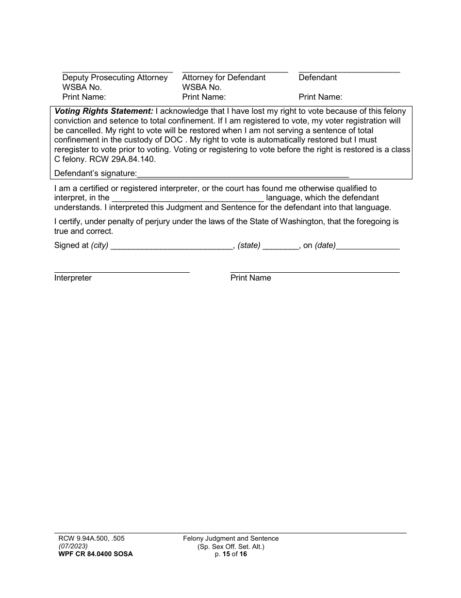 Form WPF CR84.0400 SOSA Felony Judgment and Sentence - Special Sex Offender Sentencing Alternative - Washington, Page 15