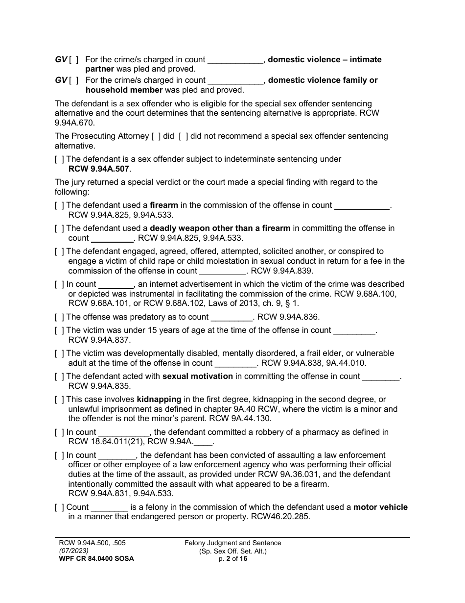 Form WPF CR84.0400 SOSA Felony Judgment and Sentence - Special Sex Offender Sentencing Alternative - Washington, Page 2