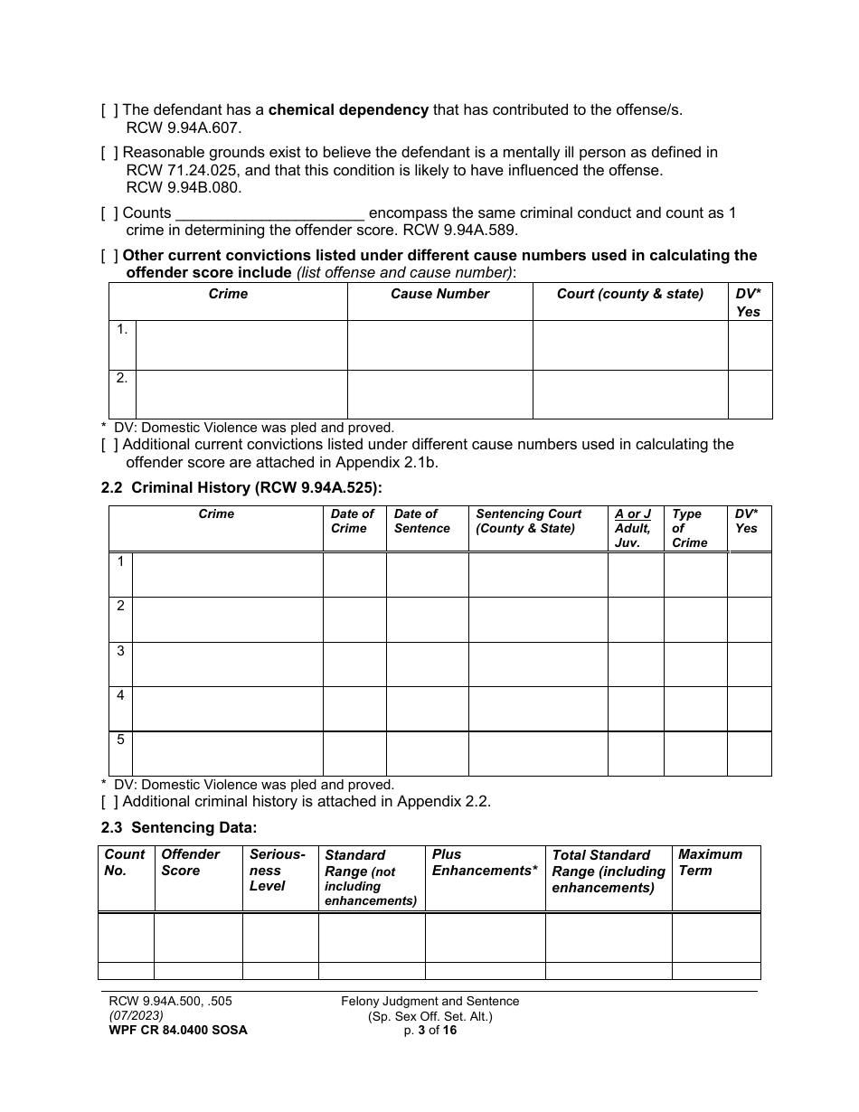 Form WPF CR84.0400 SOSA Felony Judgment and Sentence - Special Sex Offender Sentencing Alternative - Washington, Page 3
