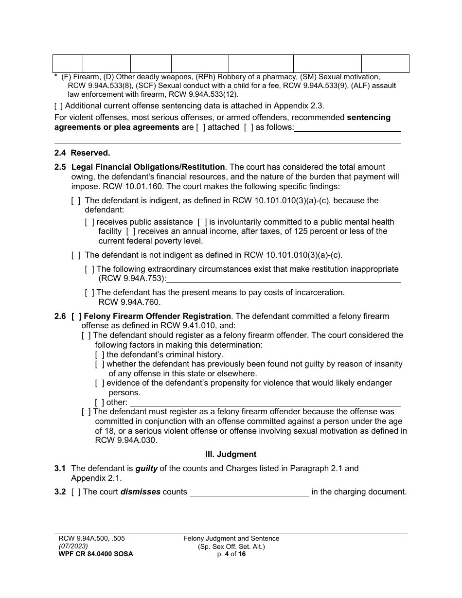Form WPF CR84.0400 SOSA Felony Judgment and Sentence - Special Sex Offender Sentencing Alternative - Washington, Page 4