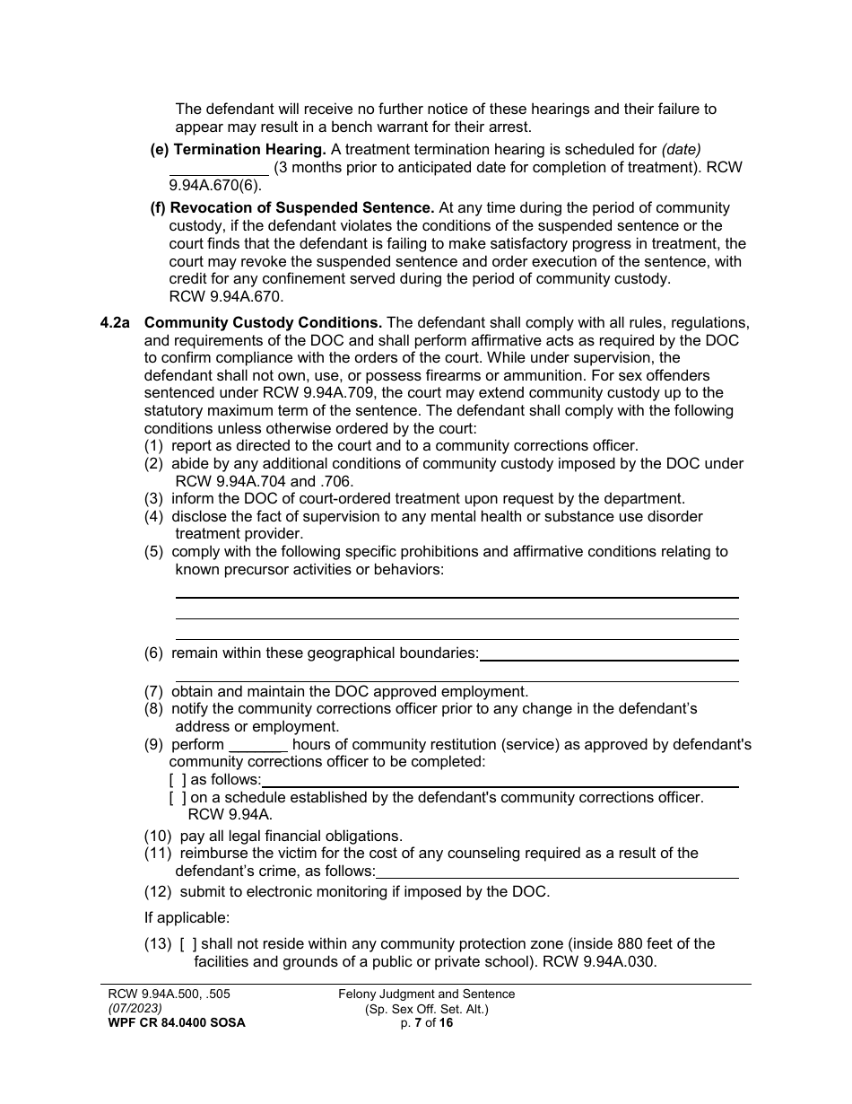 Form WPF CR84.0400 SOSA Felony Judgment and Sentence - Special Sex Offender Sentencing Alternative - Washington, Page 7