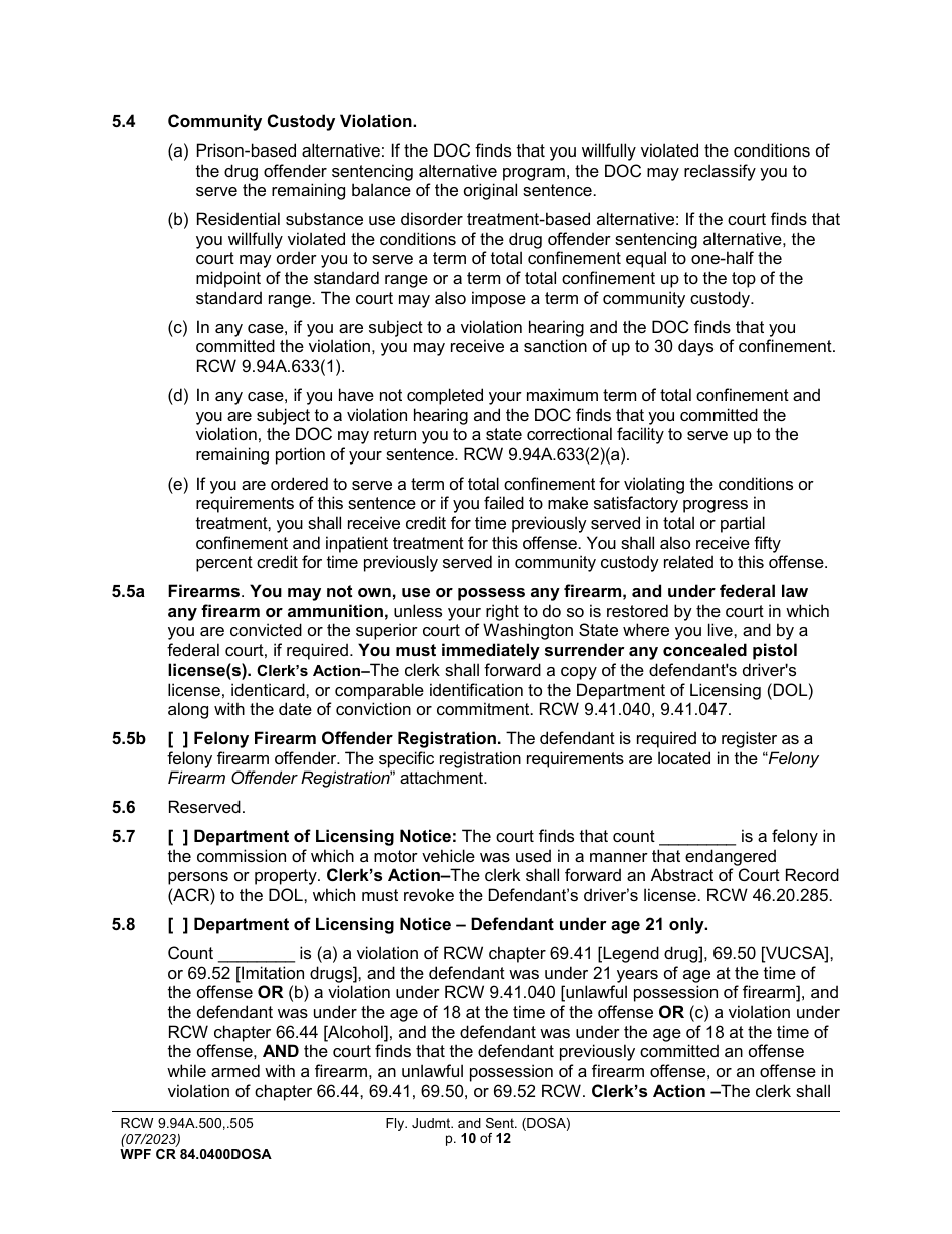 Form WPF CR84.0400 DOSA Felony Judgment and Sentence - Drug Offender Sentencing Alternative - Washington, Page 10