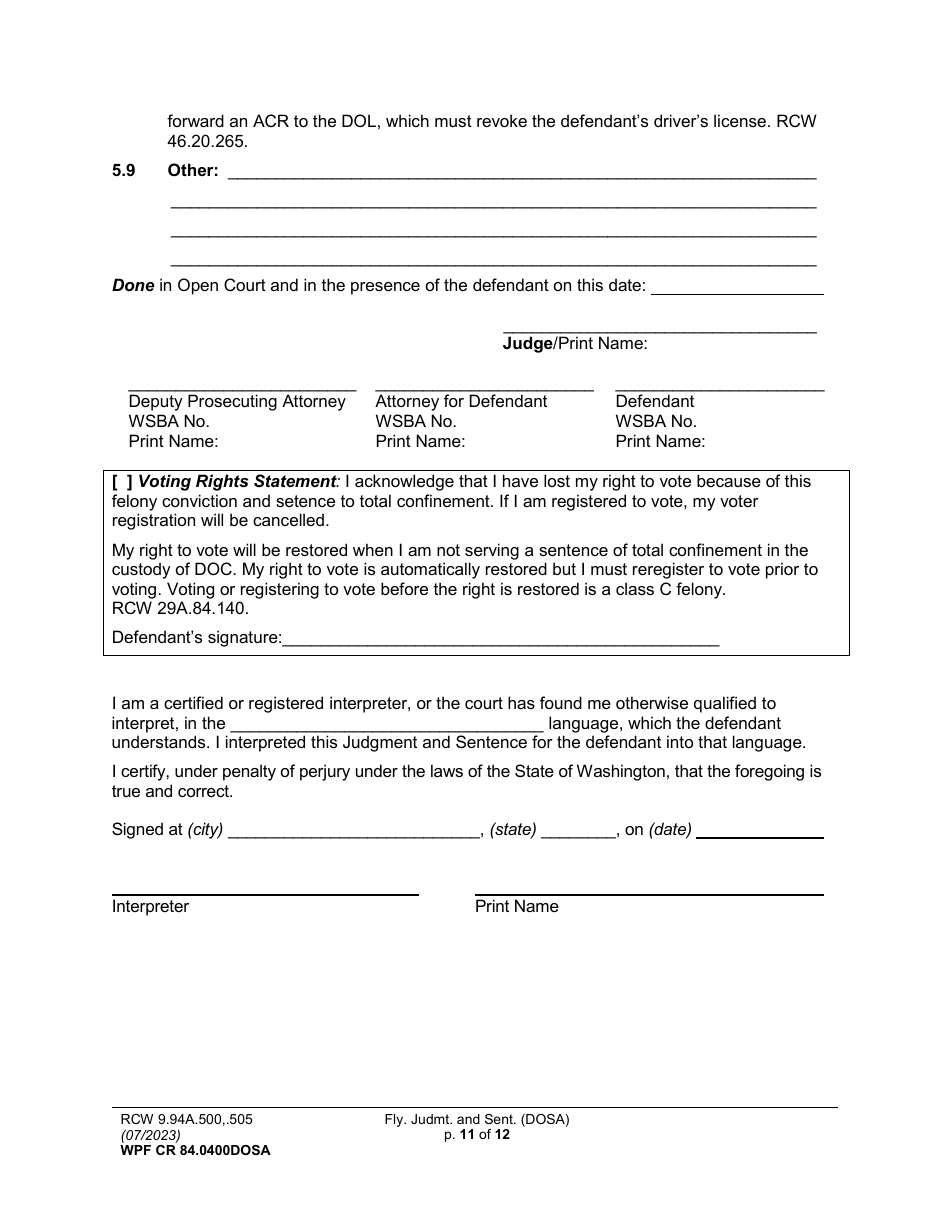 Form WPF CR84.0400 DOSA Felony Judgment and Sentence - Drug Offender Sentencing Alternative - Washington, Page 11