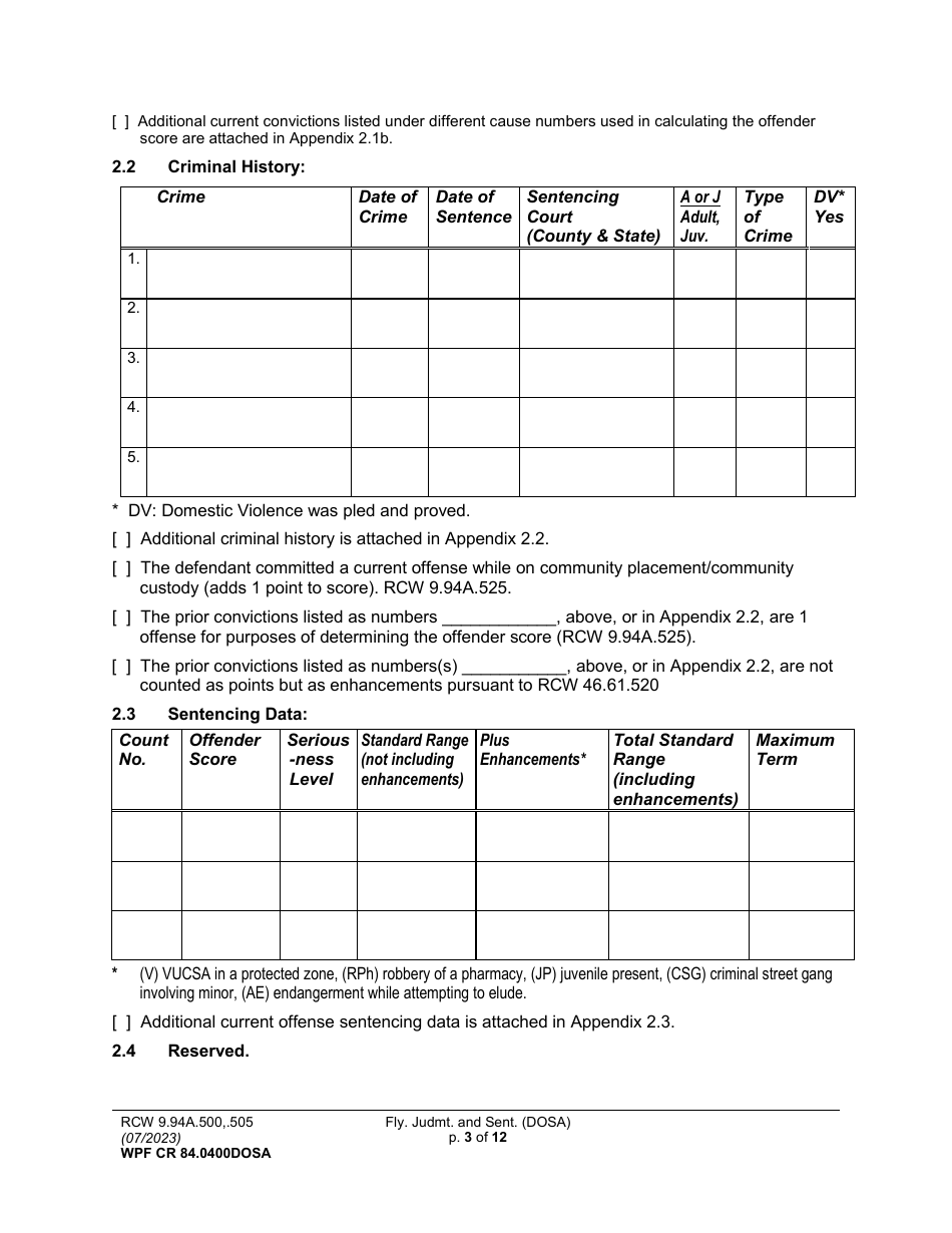 Form WPF CR84.0400 DOSA Felony Judgment and Sentence - Drug Offender Sentencing Alternative - Washington, Page 3