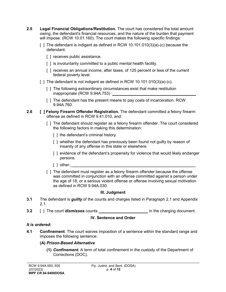 Form WPF CR84.0400 DOSA Felony Judgment and Sentence - Drug Offender Sentencing Alternative - Washington, Page 4