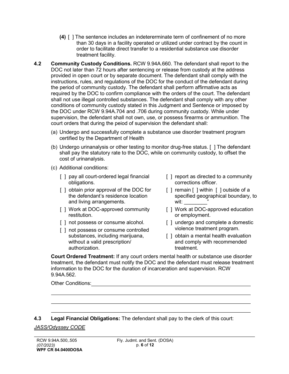 Form WPF CR84.0400 DOSA Felony Judgment and Sentence - Drug Offender Sentencing Alternative - Washington, Page 6