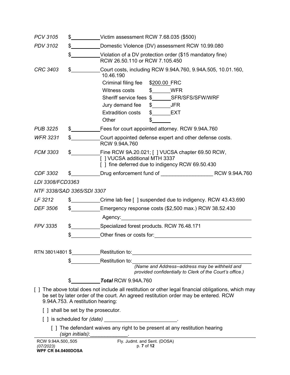 Form WPF CR84.0400 DOSA Felony Judgment and Sentence - Drug Offender Sentencing Alternative - Washington, Page 7