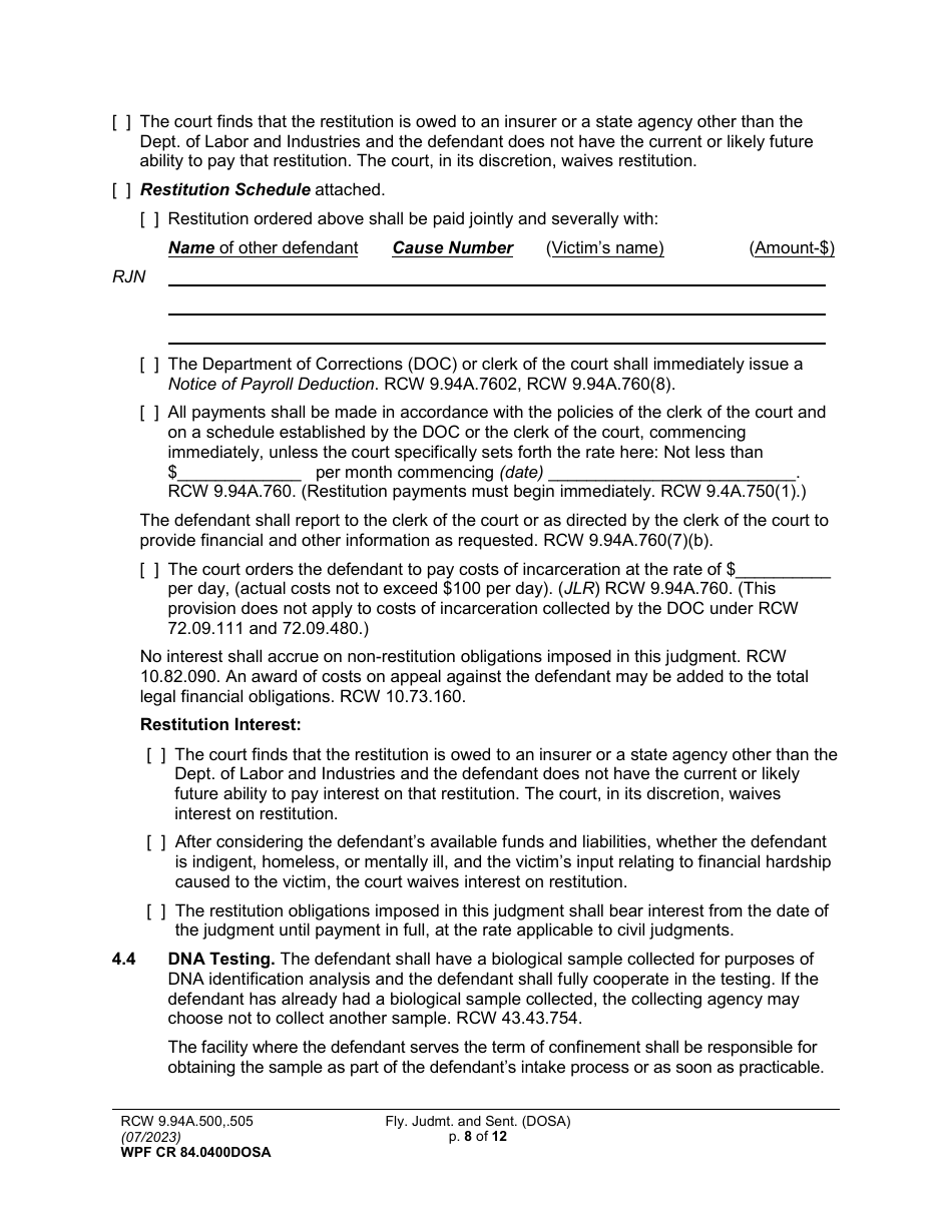 Form WPF CR84.0400 DOSA Felony Judgment and Sentence - Drug Offender Sentencing Alternative - Washington, Page 8