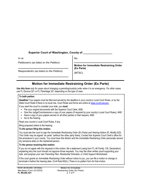 Form FL Modify621 Motion for Immediate Restraining Order (Ex Parte) - Washington