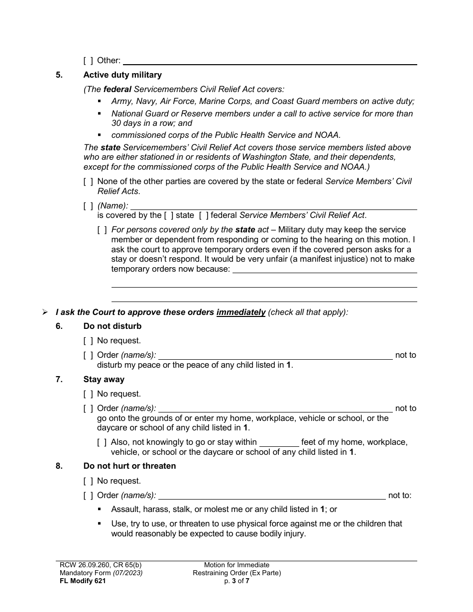 Form FL Modify621 Motion for Immediate Restraining Order (Ex Parte) - Washington, Page 3