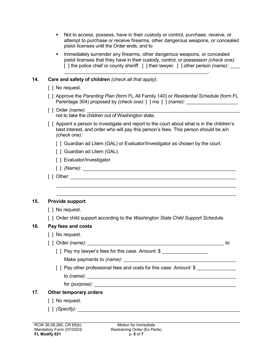 Form FL Modify621 Motion for Immediate Restraining Order (Ex Parte) - Washington, Page 5