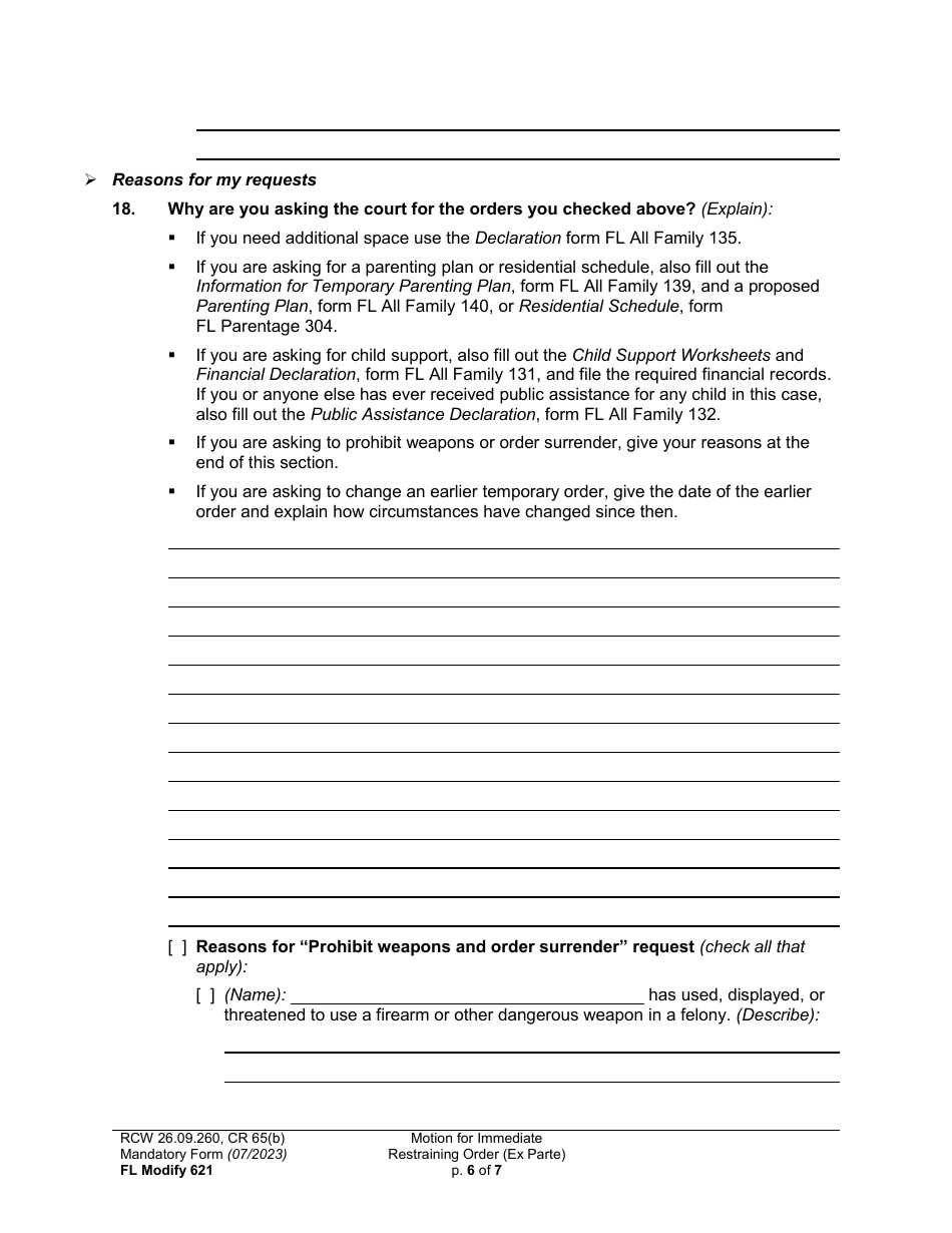 Form FL Modify621 Motion for Immediate Restraining Order (Ex Parte) - Washington, Page 6