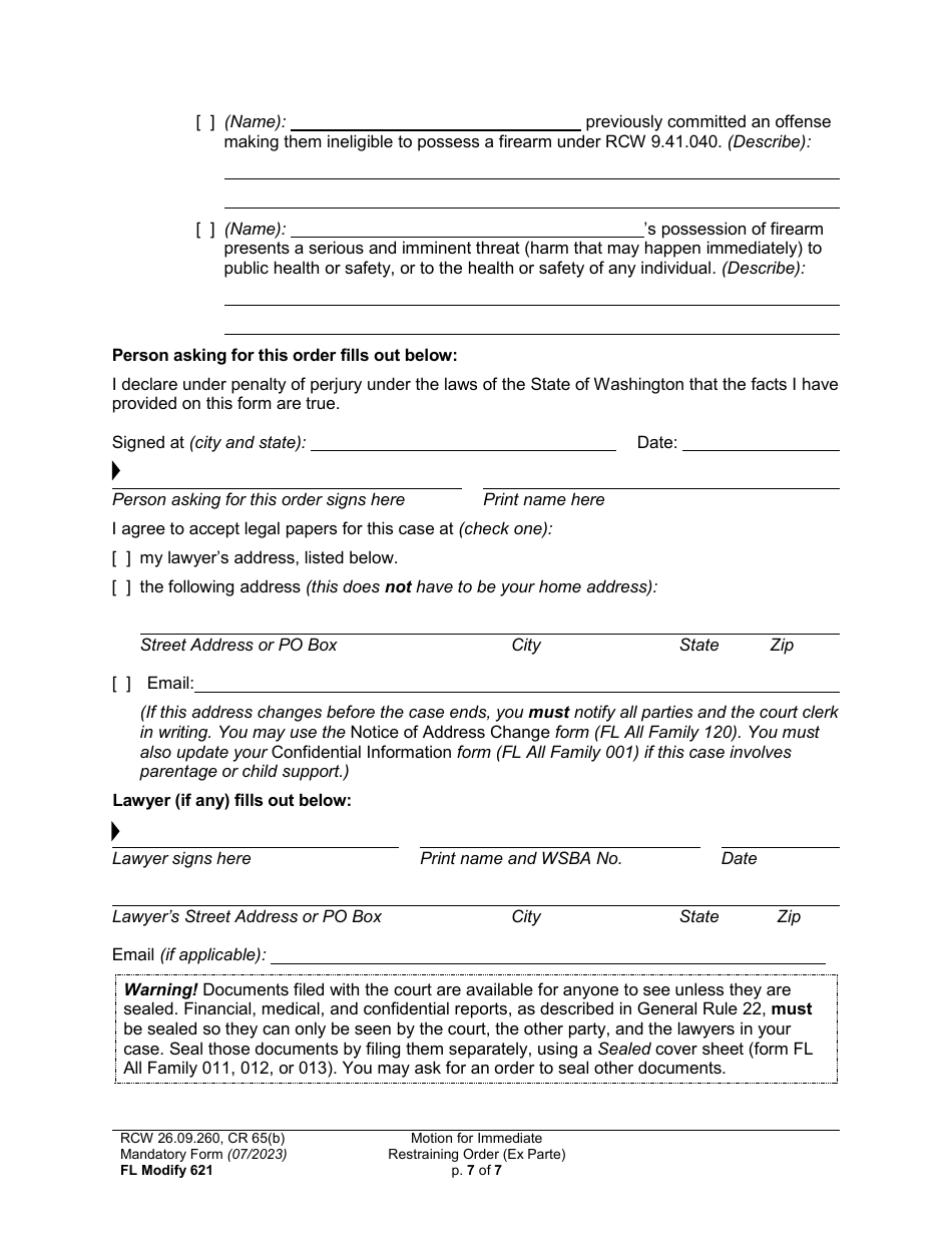 Form FL Modify621 Motion for Immediate Restraining Order (Ex Parte) - Washington, Page 7