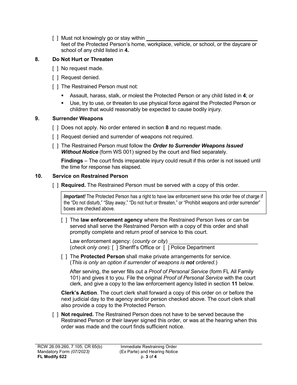 Form FL Modify622 Immediate Restraining Order (Ex Parte) and Hearing Notice - Washington, Page 3