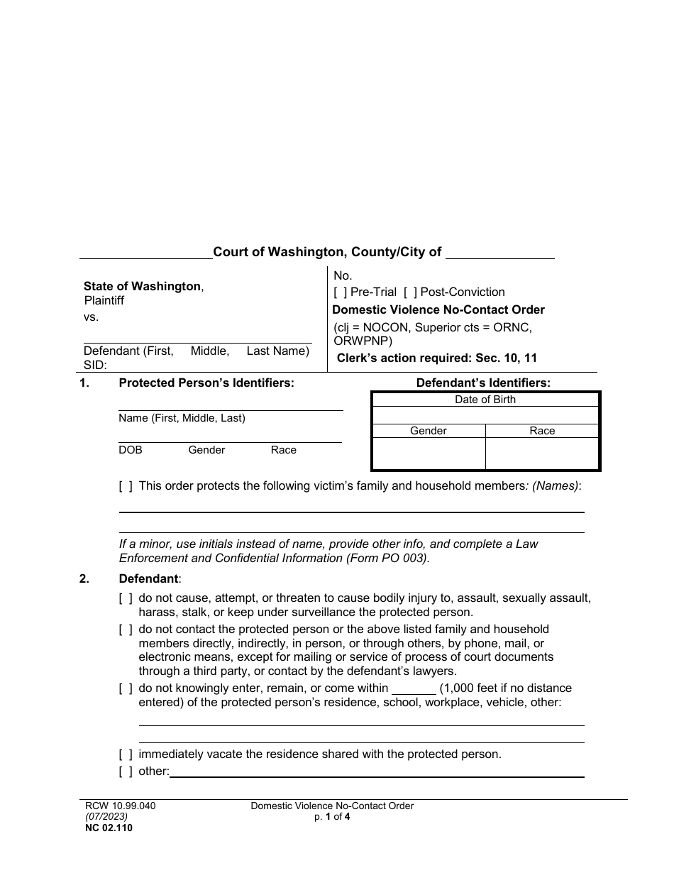 Form NC02.0110 Domestic Violence No-Contact Order - Washington, Page 1