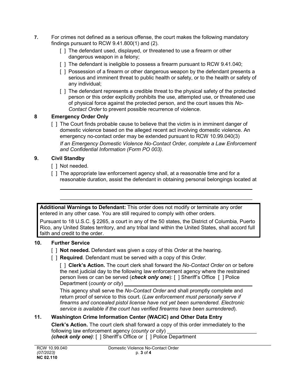 Form NC02.0110 Domestic Violence No-Contact Order - Washington, Page 3