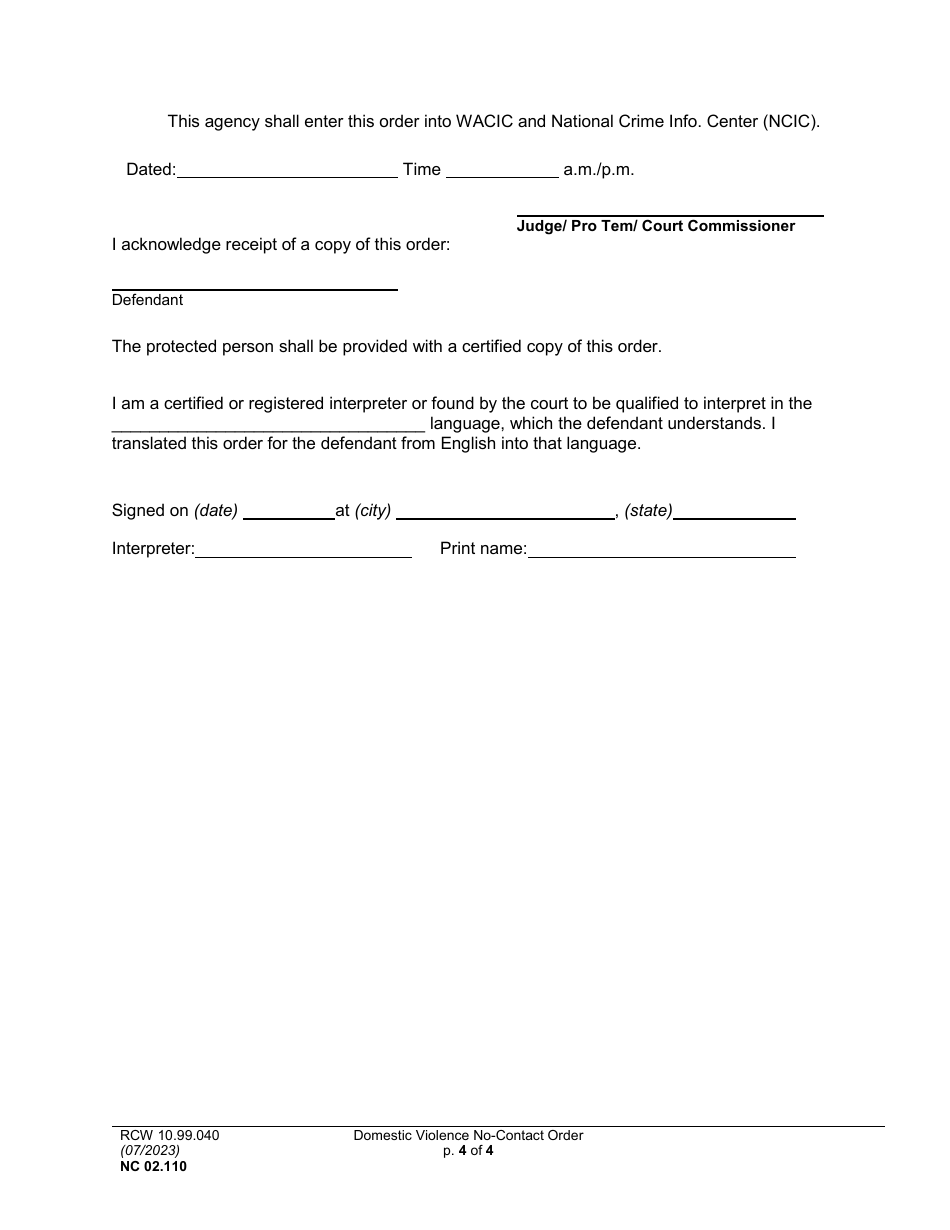 Form NC02.0110 Domestic Violence No-Contact Order - Washington, Page 4