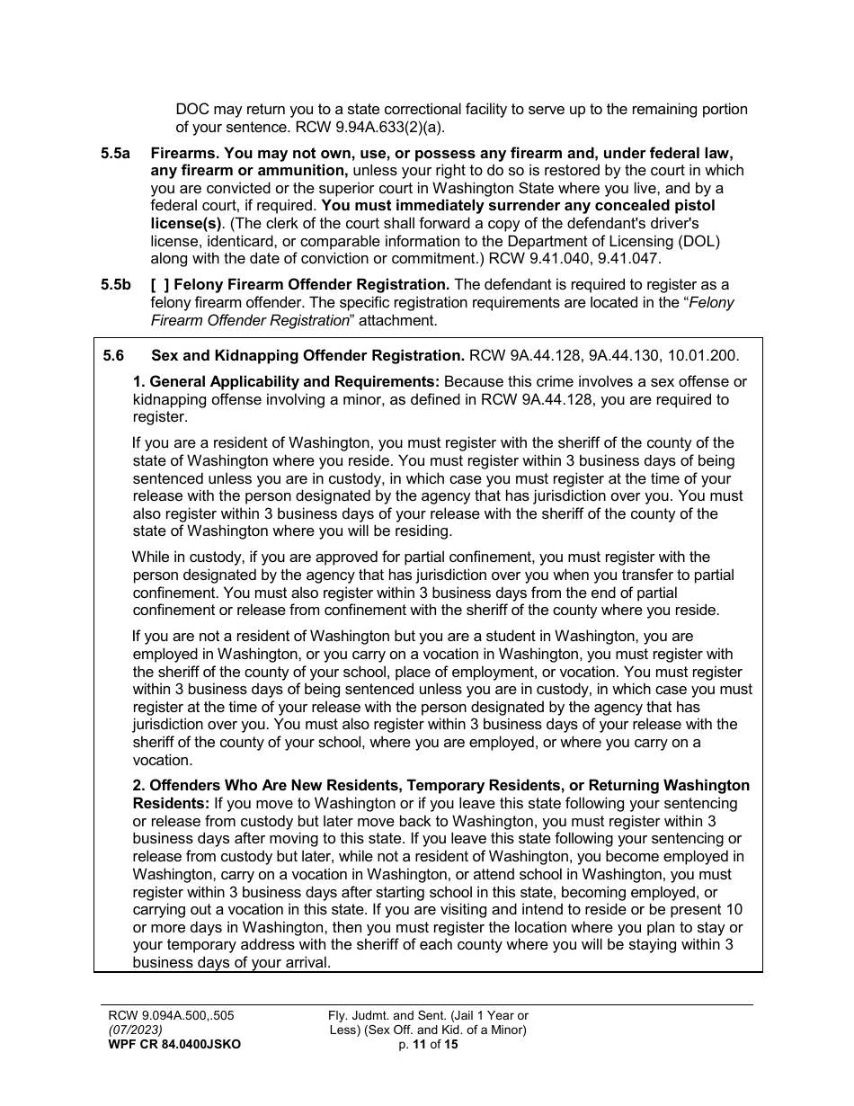 Form WPF CR84.0400JSKO Felony Judgment and Sentence - Jail One Year or Less (Sex Offense and Kidnapping of a Minor) (Fjs / Rjs) - Washington, Page 11