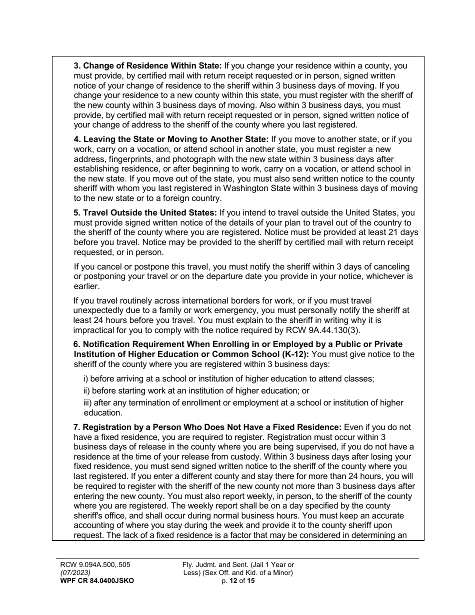 Form WPF CR84.0400JSKO Felony Judgment and Sentence - Jail One Year or Less (Sex Offense and Kidnapping of a Minor) (Fjs / Rjs) - Washington, Page 12