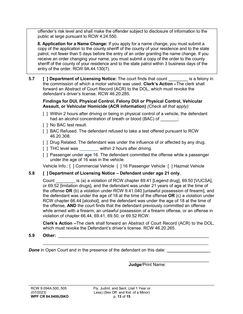 Form WPF CR84.0400JSKO Felony Judgment and Sentence - Jail One Year or Less (Sex Offense and Kidnapping of a Minor) (Fjs / Rjs) - Washington, Page 13