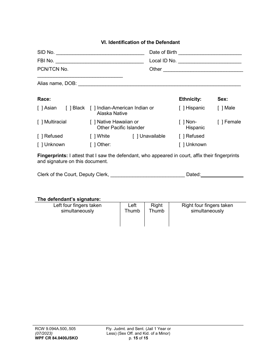 Form WPF CR84.0400JSKO Felony Judgment and Sentence - Jail One Year or Less (Sex Offense and Kidnapping of a Minor) (Fjs / Rjs) - Washington, Page 15