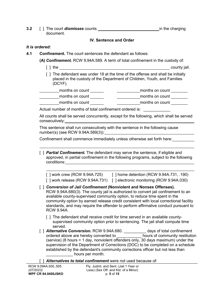 Form WPF CR84.0400JSKO Felony Judgment and Sentence - Jail One Year or Less (Sex Offense and Kidnapping of a Minor) (Fjs / Rjs) - Washington, Page 5