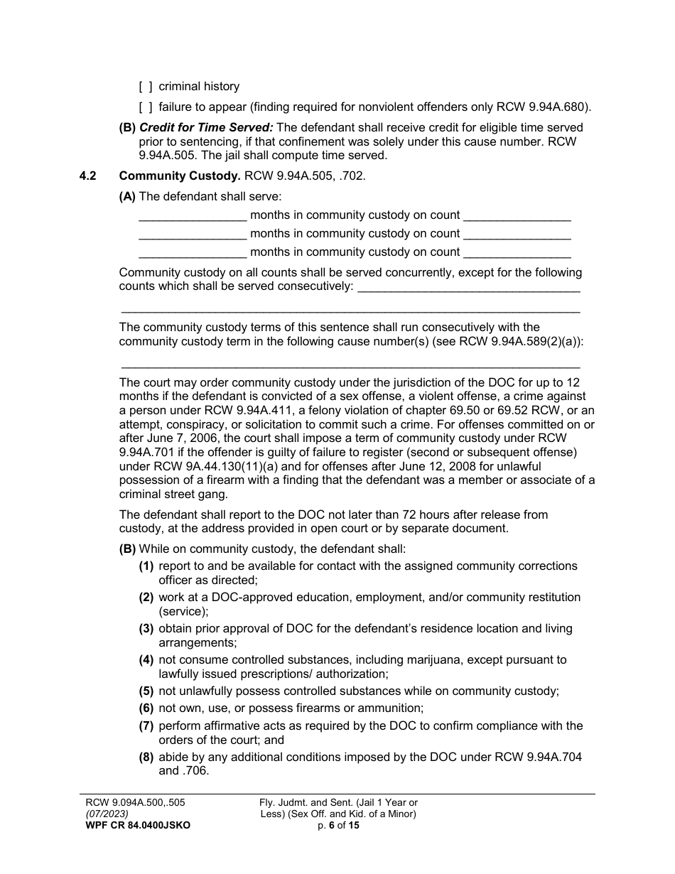 Form WPF CR84.0400JSKO Felony Judgment and Sentence - Jail One Year or Less (Sex Offense and Kidnapping of a Minor) (Fjs / Rjs) - Washington, Page 6