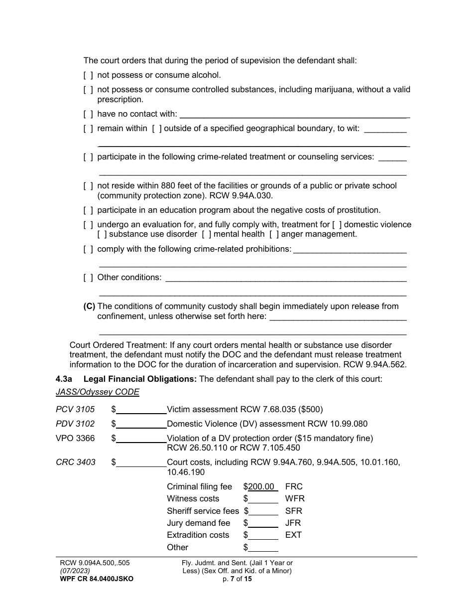 Form WPF CR84.0400JSKO Felony Judgment and Sentence - Jail One Year or Less (Sex Offense and Kidnapping of a Minor) (Fjs / Rjs) - Washington, Page 7