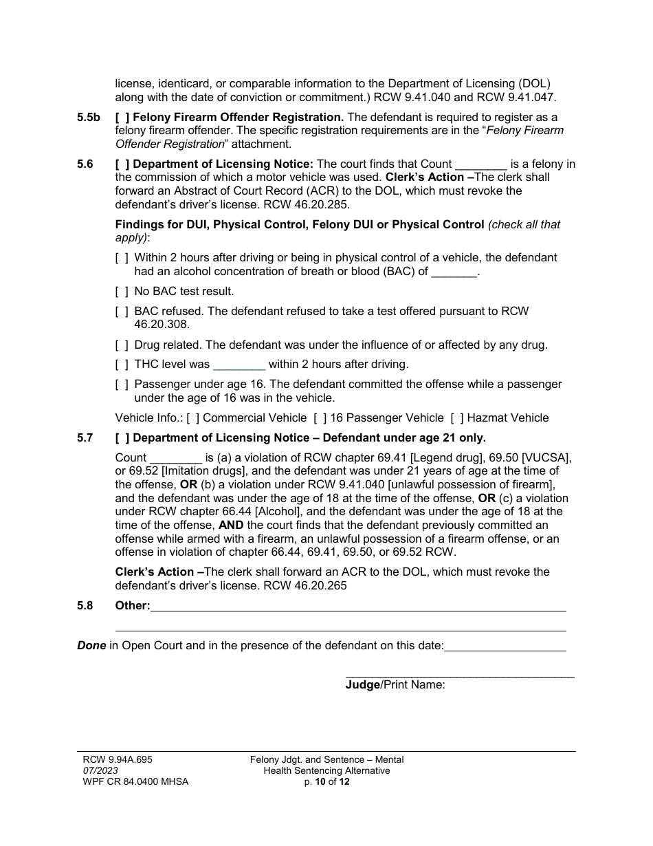 Form WPF CR84.0400 MHSA Felony Judgment and Sentence - Mental Health Sentencing Alternative - Washington, Page 10