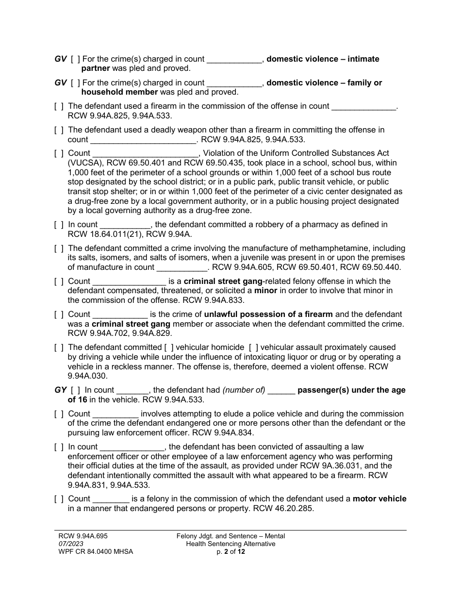 Form WPF CR84.0400 MHSA Felony Judgment and Sentence - Mental Health Sentencing Alternative - Washington, Page 2