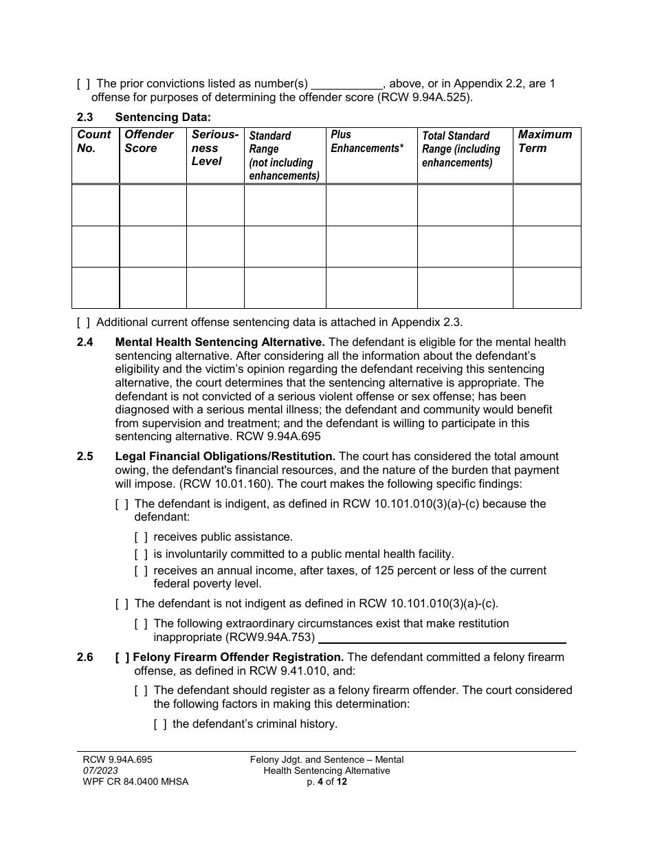 Form WPF CR84.0400 MHSA Felony Judgment and Sentence - Mental Health Sentencing Alternative - Washington, Page 4