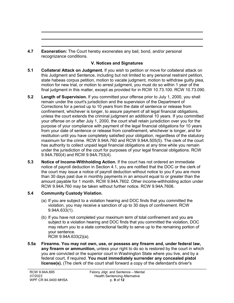 Form WPF CR84.0400 MHSA Felony Judgment and Sentence - Mental Health Sentencing Alternative - Washington, Page 9