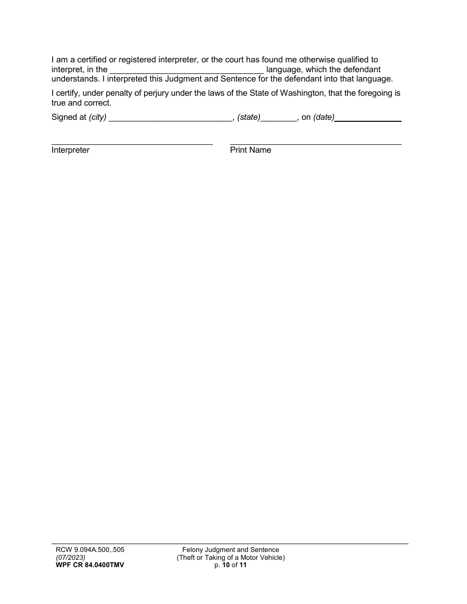 Form WPF CR84.0400 TMV Felony Judgment and Sentence - Theft or Taking of a Motor Vehicle - Washington, Page 10