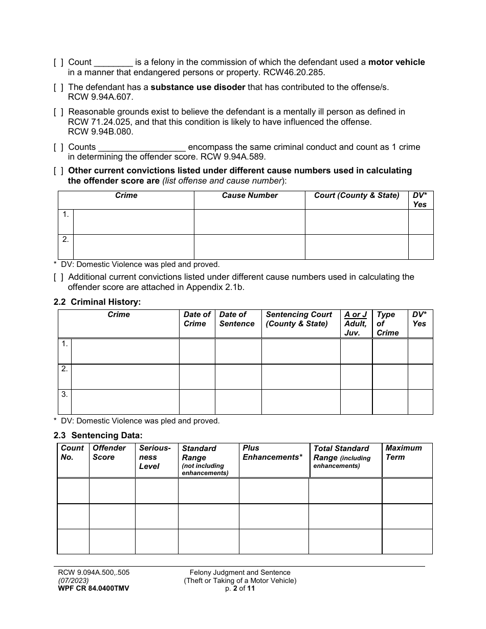 Form WPF CR84.0400 TMV Felony Judgment and Sentence - Theft or Taking of a Motor Vehicle - Washington, Page 2