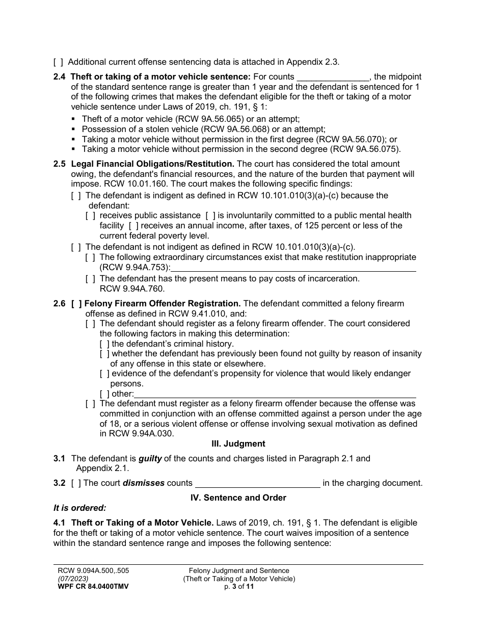 Form WPF CR84.0400 TMV Felony Judgment and Sentence - Theft or Taking of a Motor Vehicle - Washington, Page 3