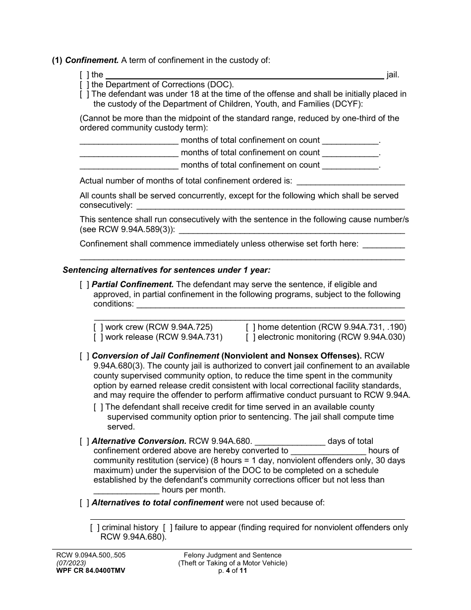 Form WPF CR84.0400 TMV Felony Judgment and Sentence - Theft or Taking of a Motor Vehicle - Washington, Page 4