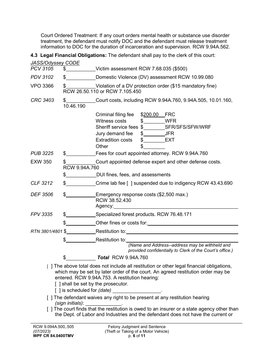 Form WPF CR84.0400 TMV Felony Judgment and Sentence - Theft or Taking of a Motor Vehicle - Washington, Page 6
