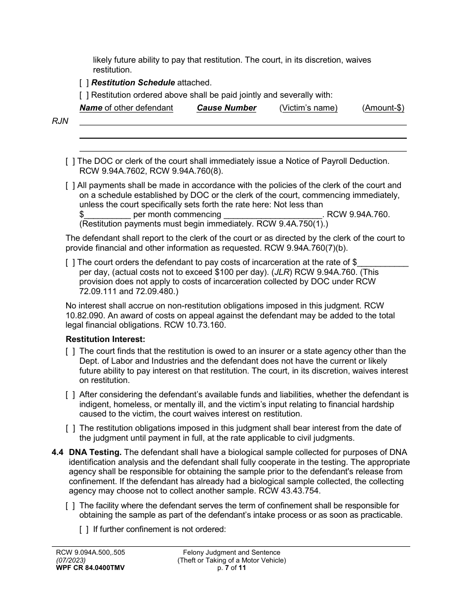 Form WPF CR84.0400 TMV Felony Judgment and Sentence - Theft or Taking of a Motor Vehicle - Washington, Page 7