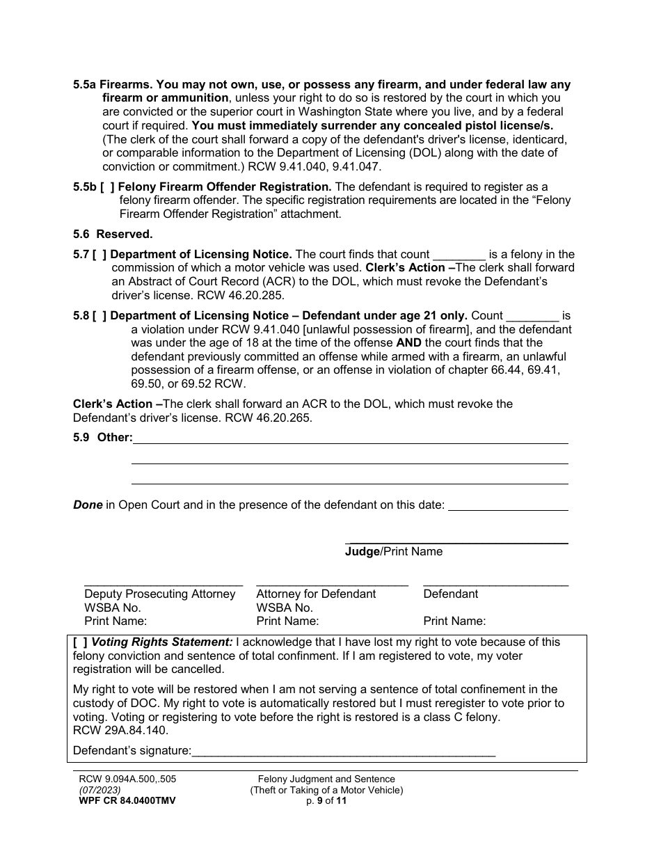 Form WPF CR84.0400 TMV Felony Judgment and Sentence - Theft or Taking of a Motor Vehicle - Washington, Page 9