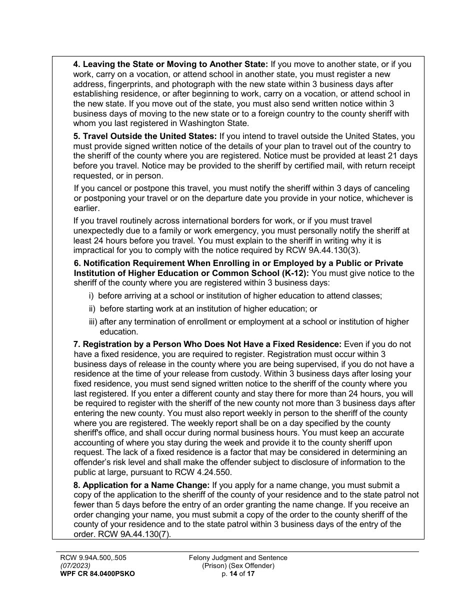 Form WPF CR84.0400 PSKO Felony Judgment and Sentence - Prison (Sex Offense and Kidnapping of a Minor) - Washington, Page 14