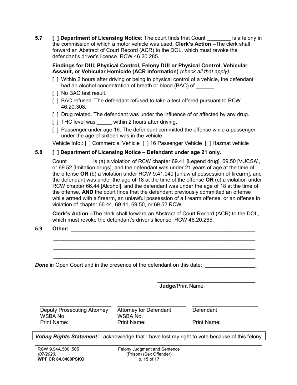 Form WPF CR84.0400 PSKO Felony Judgment and Sentence - Prison (Sex Offense and Kidnapping of a Minor) - Washington, Page 15