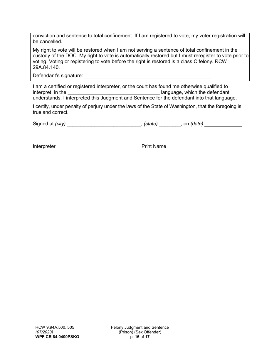 Form WPF CR84.0400 PSKO Felony Judgment and Sentence - Prison (Sex Offense and Kidnapping of a Minor) - Washington, Page 16
