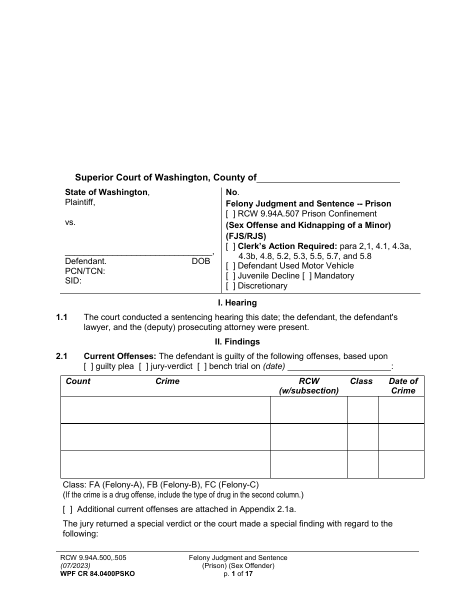 Form WPF CR84.0400 PSKO Felony Judgment and Sentence - Prison (Sex Offense and Kidnapping of a Minor) - Washington, Page 1
